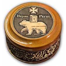Шкатулка деревянная круглая с накладками из бересты Пермь-Герб 70х46